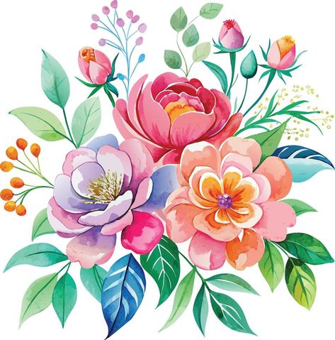 Beautiful watercolor vector floral bouquet with roses, peonies and leaves Bunch Of Flowers Drawing, Cozy Watercolor, Baby Frames, Bouquet With Roses, Bunch Flower, Dupatta Design, Scrapbook Ephemera, Drawing Arts, Watercolour Flower