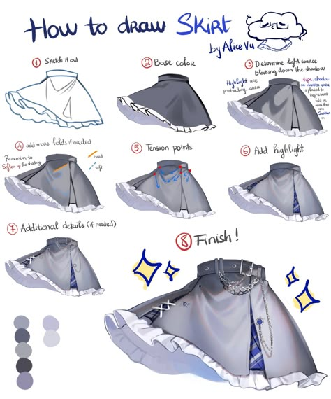 Manga Shading Techniques, Clothes Shading Tutorial, Clothes Shading, Draw Skirt, Rainbow Anime, Color Shading, Digital Art Beginner, Drawing Anime Clothes, Coloring Tutorial