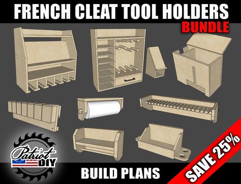 DIGITAL BUILD PLANS - French Cleat Tool Holder BUNDLE / Shop Organizer / Tool Holders as seen on the PatriotDIY YouTube channel. SAVE 25% By buying these plans as a bundle! Includes the Top 10 PatriotDIY French Cleat Tool Holder Plans: - French Cleat Wall - Drill Charging Station - Clamp Rack 1 - Clamp Rack 2 - Sanding Cabinet - Belt Sander Holder - Glue Caddie - Hand Saw Holder - Tape Measure / Safety Glasses Holder - Glove and Shop Rag Holder - Paper Towel Holder These tool holders will help y Cabinet French Cleat, Drill Storage French Cleat, French Cleat Lumber Storage, French Cleat Tool Storage Garage, French Cleat Tool Storage Ideas, Free Plans For Wood Projects, Diy Cordless Tool Storage, French Cleat Tool Holders Diy, French Cleat Tool Holders