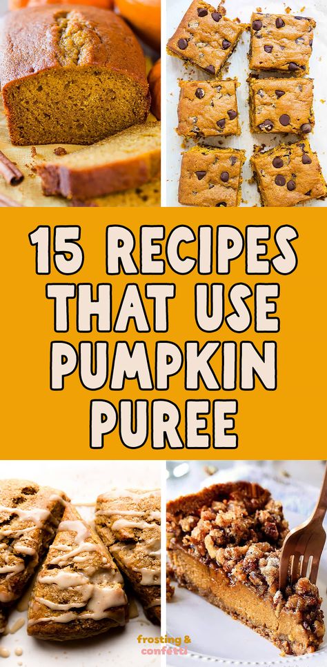 Get into the fall spirit and enjoy these 15 delicious recipes made with pumpkin puree. From cakes to pies - these recipes will fill your kitchen with mouth-watering aromas and tantalize all of your taste buds! Simple Recipes With Pumpkin Puree, The Best Pumpkin Recipes, Pumpkin Puree Bread Recipes, Pie Pumpkin Puree, What To Do With Pie Pumpkins, Pumpkin Purée Uses, How To Use Up Pumpkin Puree, Recipes To Use Up Pumpkin Puree, Homemade Pumpkin Filling