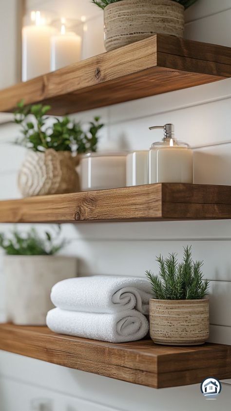 How To Style Bathroom Shelves, Wooden Shelves Bathroom, How To Decorate Shelves, Spa Style Bathroom Ideas, Bathroom Wooden Shelves, Bathroom Spa Decor Ideas, Spa Shelves, Bathroom Wall Decor Ideas, Wallpaper Decor Ideas