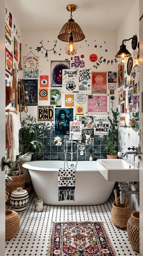 Boho Bathroom Ideas Small Quirky Bathroom Ideas, Vintage Boho Bathroom Ideas, Eclectic Boho Bathroom, Eclectic Home Bathroom, Maximalism Bathroom, Indie Bathroom, Quirky Bathroom Ideas, Unconventional Decor, Rustic Boho Bathroom