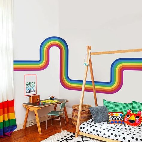 Amazon.com: astrkiz Colorful Vigor Rainbow Wall Border Stickers Peel and Stick, Retro Rainbow Track Stickers Wall Art Decor, Vinyl Wall Waist Sticker Rainbow Wall Mural Sticker for Kids Room Playroom : Baby Train Wall Mural, Art Room Mural, Kids Mural Wall, Playroom Wall Colors, Wallpaper Stickers Bedroom, Rainbow Boys Room, Funky Wall Paint Ideas, Rainbow Furniture, Rainbow Kids Room