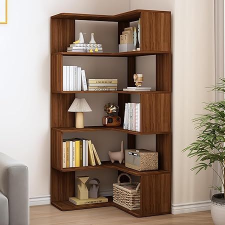 Amazon.com: IOTXY 6-Tier L-Shaped Corner Bookshelf - 66" Tall Wooden Freestanding Bookcase with Open Shelf Units, Walnut : Home & Kitchen L Bookshelf, L Shape Bookshelves, Lounge Bookshelves, Wooden Bookshelf Design, L Shape Shelf, Freestanding Bookcase, Bookshelf Corner, L Shaped Shelves, Wooden Corner Shelf