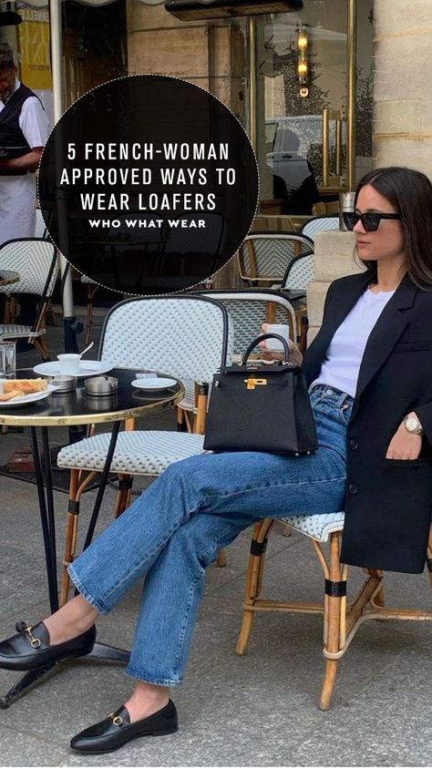 Have you ever wondered how French women style loafers? I've found seven outfits they repeatedly rely on when it comes to wearing loafers. Trousers With Loafers Women, Office Loafers Women, Woman’s Loafers Outfit, Black Pants Loafers Outfit, Styling Gucci Loafers, Fall Fashion Loafers, How To Style Womens Loafers, Dress With Loafers Outfit Classy, Styling Loafers Women Work