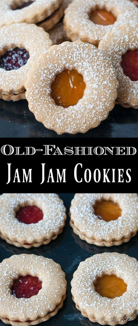 This old-fashioned Jam Jams recipe is a classic for a reason! Soft brown sugar cookies sandwiched with jam and sprinkled with icing sugar make a perfect Christmas cookie recipe or anytime treat! Dessert With Jam, Easy Sandwich Cookies, Cookie Jam Recipe, Cookie Recipes With Jam, Canadian Christmas Cookies, Classic Christmas Baking, Christmas Jelly Cookies, Jelly Christmas Cookies, Old Fashioned Cookies Recipes