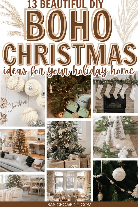 13 Beautiful DIY Boho Christmas Decor Ideas for Your Home - Basic Home DIY Diy Boho Christmas Decor, Boho Christmas Tree Ideas, Diy Boho Christmas, Boho Christmas Decor Ideas, Rustic Chic Christmas, Christmas Ornament Template, Boho Christmas Tree, Chic Christmas Decor, Boho Christmas Decor