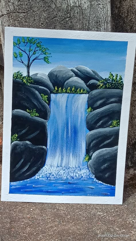 Waterfalls Drawing, Simple Nature Drawing, Waterfall Drawing, Nature Paintings Acrylic, Nature Canvas Painting, Canvas Art Painting Acrylic, Modern Art Canvas Painting, Waterfall Paintings, Easy Acrylic Painting