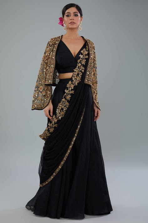 Ridhi Mehra - Buy Saree, Lehenga, Sharara Sets Online 2024 Luxury Festive Sharara With Traditional Drape, Sharara Look For Wedding, Indo Western Saree Look, Sharara Saree, Sharara Set Indian Weddings, Black Festive Pre-draped Saree With Traditional Drape, Black Embellished Pre-draped Saree For Designer Wear, Latest Indo Western Dresses For Women, Black Glamorous Pre-draped Saree With Zari Work