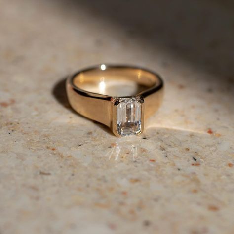 Emerald Cut Men Wedding Ring Half Bezel Set Solitaire Moissanite Engagement Ring Organic Wedding Ring, Signet Engagement Rings, Traditional Wedding Rings, Half Bezel, Cute Engagement Rings, Future Engagement Rings, Art Deco Wedding Rings, Alternative Style, Emerald Engagement Ring Cut