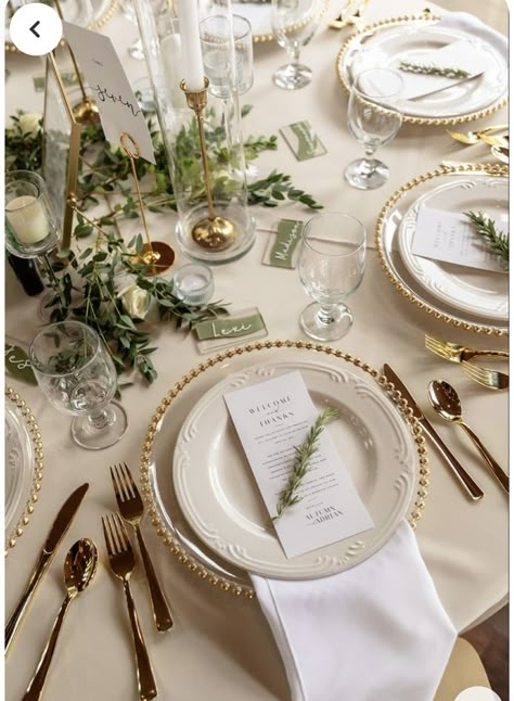 Plate Decor Wedding, Destination Wedding Tablescape, Chargers For Wedding Receptions, Gold Chargers With Silver Flatware, Gold Cutlery Wedding Place Settings, Place Setting With Charger, Wedding Table Gold Chargers, Gold And White Wedding Centerpieces, Table Setting With Charger Plates