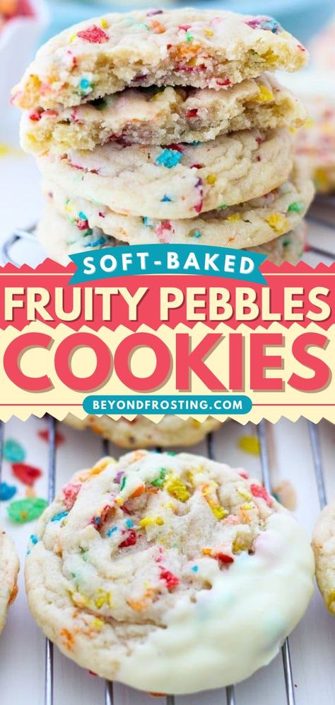 FRUITY PEBBLE COOKIES, christmas cookies, holiday baking list, easy desserts, sweet treats Cookie Recipes Fruity Pebbles, Different Kinds Of Cookies To Make, Cute Easy Bake Sale Ideas, Soft Top Cookies, Food For Bake Sale, Fruit Pebble Cookies, Soft Baked Cookies Recipes, Fruity Pebble Cookies Recipes, Best Summer Cookies