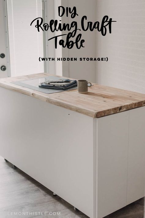 DIY craft table with hidden storage- love the counter height! Rolling Craft Table, Diy Craft Table With Storage, Craft Table With Storage, Prefab Cabinets, Diy Craft Table, Rolling Island, Craft Tables With Storage, Diy Counter, Rolling Table