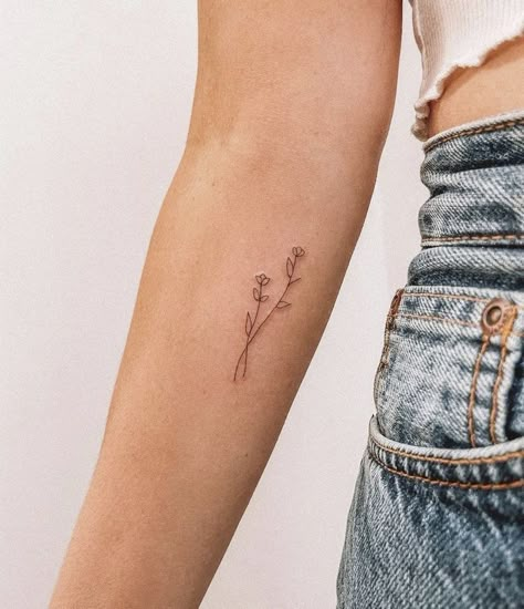 Cute Small Script Tattoos, Simple Tattoo Spots, Small Minimalist Tattoo Flower, Simplistic Tattoos Flower, Cute Dainty Flower Tattoos, Say This Not That, Fine Line Floral Tattoo Arm, Dainty Tattoos Mom, Tiny Flower Tattoo Placement