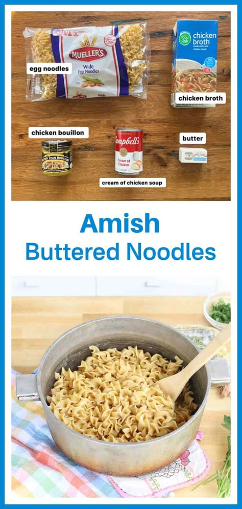 Amish buttered noodles are egg noodles cooked in a creamy chicken broth and brown butter. The noodles absorb the rich buttery broth flavors creating a mouthwatering side dish even picky eaters will love. Also known as Cafeteria Noodles and Amish Noodles. Cheap Noodle Recipes, Amish Buttered Noodles Recipe, Amish Noodle Recipe, Egg Noodle Side Dish, Cafeteria Noodles, Amish Pasta, Egg Noodle Dishes, Amish Noodles, Buttered Noodles Recipe