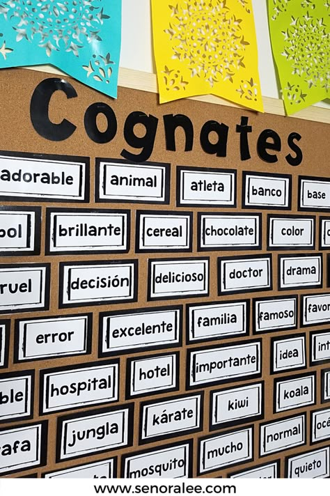 Spanish Cognates - Activities for the First Day of Spanish Class Spanish Displays Classroom, Cognates Word Wall, Middle School Spanish Classroom Decor, Spanish High School Classroom, Cognates Spanish English, Spanish Signage, Spanish Bulletin Board Ideas, Cognates Activities, Spanish Classroom Decor Ideas