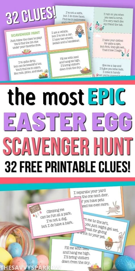 Want to do a fun Easter scavenger hunt for kids this year? Use these free printable Easter scavenger hunt clues to make it easy! These printable Egg hunt clues are perfect for kids and teenagers too. Just print the scavenger hunt riddles, cut them out, and hide them indoors or outside. Comes with 32 free printable Easter scavenger hunt cards. Add this to your list of fun Easter egg hunt ideas for kids! Fun Easter Egg Hunt Ideas, Easter Egg Scavenger Hunt Clues, Easter Scavenger Hunt For Kids, Easter Riddles, Easter Scavenger Hunt Clues, Egg Hunt Clues, Easter Egg Scavenger Hunt, Easter Egg Hunt Clues, Easter Treasure Hunt