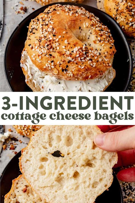 These 3-ingredient cottage cheese bagels will be your new obsession. Make them in the oven or the air fryer and enjoy them as a healthy, savory snack (or part of a sandwich) any time of day! Protein Meals Recipes Clean Eating, Bagels Recipe Homemade Cottage Cheese, Flour And Cottage Cheese Bagels, Three Ingredient Bagels Recipe, Healthy Snacks For Get Togethers, Protein Bagel Sandwich, High Protein Bagels With Cottage Cheese, High Protein Tortilla Recipe, Healthy Protein Bagels