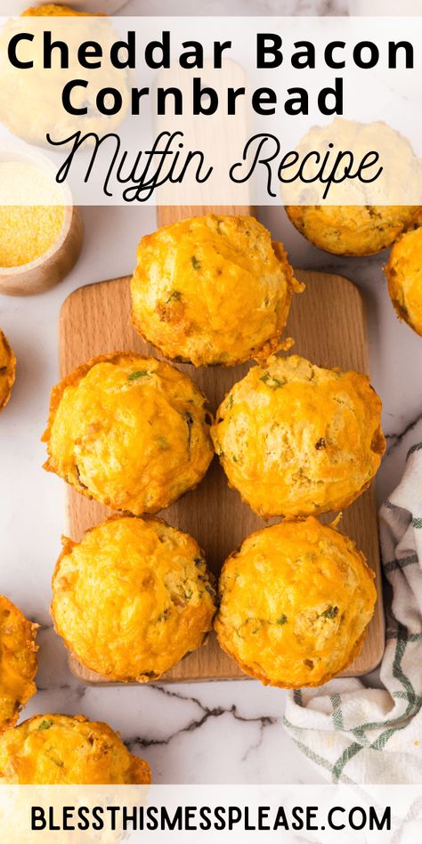 This easy Cheddar Bacon Cornbread Muffins recipe is perfect as a dinner side dish or even a quick breakfast. The cheddar and bacon make an amazing combo! #cornbreadmuffins #cornmuffins #cornbreadmuffinsrecipe #baconandcheddar #cornbreadrecipe #muffinsrecipe #breakfastrecipe #sidedishrecipe #savorymuffins #savorymuffinsrecipe Cheese Cornbread Muffins, Bacon Cheddar Muffins, Mini Cornbread Muffins, Cheese Cornbread, Bacon Cornbread, Savory Cornbread, Bacon Cookies, Bacon Egg Muffins, Cornbread Muffins Recipe