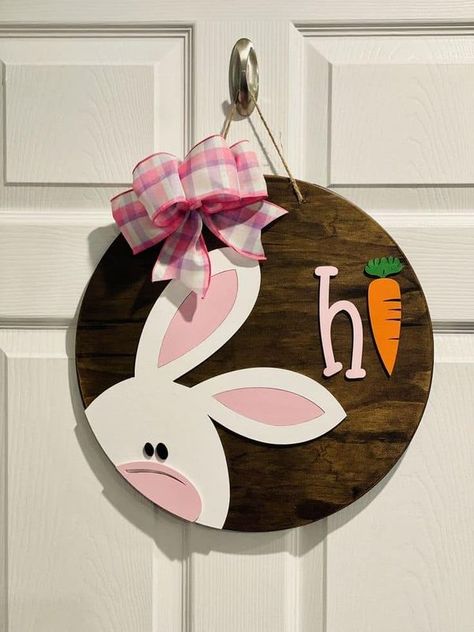 Spring Signs Wooden, Easter Porch Decor, Easter Wood Signs, Spring Door Hanger, Easter Wood Crafts, Bunny Door Hanger, Bow Fabric, Easter Door Hanger, Wooden Signs Diy