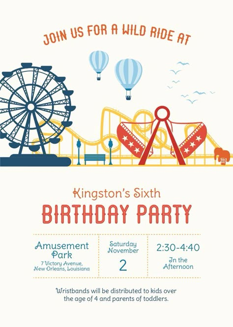 Amusement Park Invitation, Roller Coaster Party, Amusement Park Party, Carnival Invitation Template, Carnival Birthday Party Invitations, Gold Reef City, Carnival Prom, Digital Birthday Invitations, Event Invitation Design