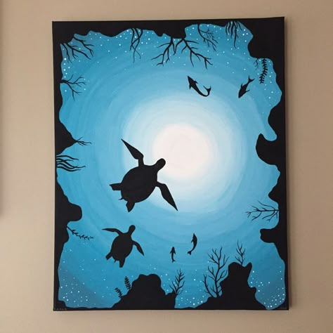 Monochromatic Painting Ideas Simple, Painting Ideas Shadow, Monochromatic Blue Painting, Ocean World Art, Easy Monochromatic Painting, Silloute Painting, Silouttes Art Painting, Silluet Paintings, Monochromatic Drawing Ideas