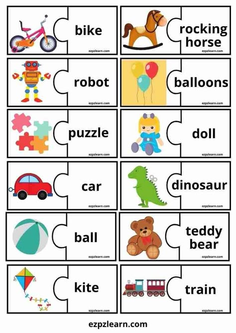 Free Printable Puzzle Match Game Topic Toys For Kids ESL Resource Toys Esl Activities, My Toys Activities, Flash Cards Games For Kids, Toys Flashcards Free Printables, Toys Flashcards For Kids, Toys Activities For Kids Worksheets, Toys Vocabulary For Kids, Toys Worksheets For Kids, Toys Activities For Kids