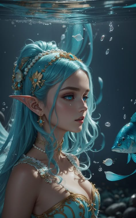 Sea Goddess Fantasy Art, Sea Elf Sorcerer, Water Nymph Character Design, Water Fairy Art, Water Element Art, Sea Elf Dnd, Water Fantasy Art, Sea Elf Female Dnd, Water Goddess Art