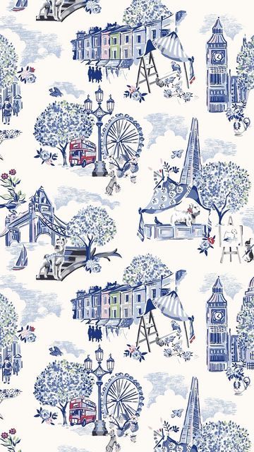 Blue Christmas Wallpaper Aesthetic, Cath Kidston Wallpaper, London Painting, London Theme, London Wallpaper, Catholic Wallpaper, Toile Pattern, Dorm Art, Xmas Wallpaper