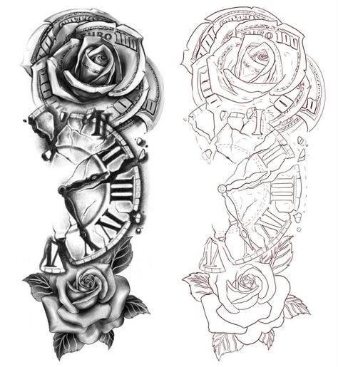 Tattoo Stencils For Men, Clock And Rose Tattoo, Half Sleeve Tattoo Stencils, Half Sleeve Tattoos Drawings, Rose Tattoos For Men, Pretty Hand Tattoos, Cool Arm Tattoos, Tattoos For Women Half Sleeve, Muster Tattoos