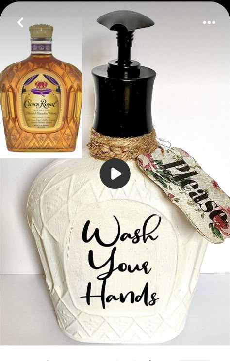 Reuse Liquor Bottles Diy, Recycled Liquor Bottles Diy Ideas, Whiskey Bottle Soap Dispenser Diy, Cricut Liquor Bottle, Crown Bottle Ideas, Crown Royal Pumpkin Bottle, Cricut Soap Dispenser Ideas, Diy Western Kitchen Decor, Upcycle Medicine Bottles