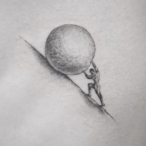 Sisyphus Sketch, Sisyphus Tattoo Design, Sysiphus Tattoo Simple, One Must Imagine Sisyphus Happy Tattoo, Sysiphus Tattoo Design, Sysphisus Tattoo, Sysaphis Tattoo, Sisphyus Tattoo, Sisyphus Aesthetic