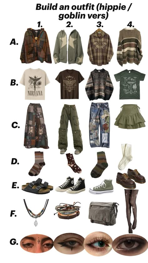 Fairycore Grunge Aesthetic Outfits, Enfp Clothing Style, Summer Outfits Artsy, How To Dress Goblincore, Goblincore Outfit Ideas, Hobo Outfit Ideas, Grunge Granola Outfits, Grunge Outfits Colorful, Outfit Ideas On People