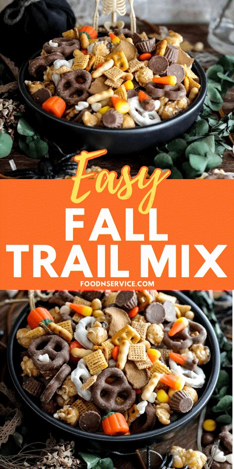 My fall trail mix is perfect treat that you can make it no time! You can choose and mix up your own little favorite candy to add into too, or even add different flavors of chex mix. via @foodnservice Trail Mix Recipes Halloween, Fall Snack Mix Treat Bags, Fall Party Munchies, Fall Check Mix Recipes, Halloween Chex Mix Muddy Buddy, Autumn Trail Mix Recipe, Trail Mix Diy, Monster Trail Mix Recipes, Food Ideas For Fall Party