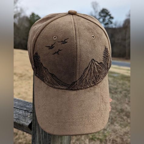 Wood Burned Mountain Nature Scene Brown Baseball Hat. Great Condition Never Worn. Nature Hats, Wood Burned Hats Women, Hand Painted Caps, Cute Baseball Hat, Wood Burn Felt Hats, Felt Burned Hats, Wood Burning Hats, Burnt Hats, Hat Burning