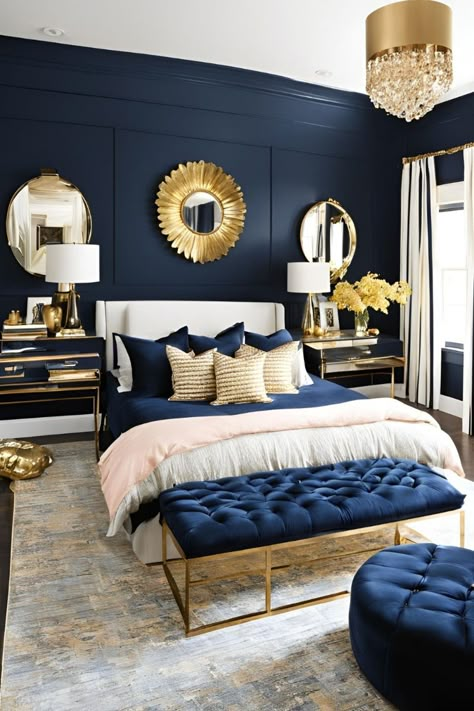 Explore stunning navy and gold bedroom decor ideas that bring modern charm and sophistication. Use gold fixtures, navy textiles, and elegant details to enhance your bedroom's ambiance. Get inspired to create a space that’s both stylish and inviting. #DecorIdeas #NavyGold #BedroomInspo Navy Blue Upholstered Bed Bedroom Decor, Navy Blue Bedroom Walls Gold Accents, Navy Cream Gold Bedroom, Royal Blue Bedroom Decor Ideas, Navy White Gold Bedroom, Navy Blue White And Gold Bedroom, Navy And Cream Bedroom Ideas, Navy Blue Guest Bedroom, Blue Bedding Bedroom Ideas