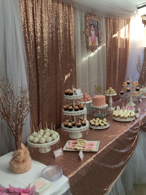 Rose Gold Party Aesthetic, Rose Gold White And Silver Party Decor, Rose Gold Theme Birthday, Rose Gold Winter Wonderland Party, Rose Gold Quinceanera Backdrop, Rose Gold Sweet 16 Decorations, Gold Winter Wonderland, Rose Gold 16th Birthday Party, Gold Sweet 16 Decorations