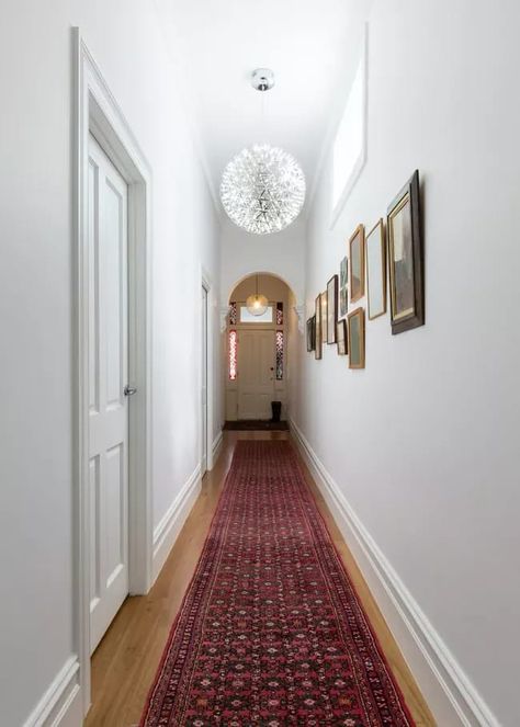 runner rug in entryway Hallway Runners Ideas, Long Hallway Runners, Long Narrow Hallway, Long Hallway Runner, Long Hall, Shoji White, Hall Runner Rugs, Red Runner, Red Runner Rug