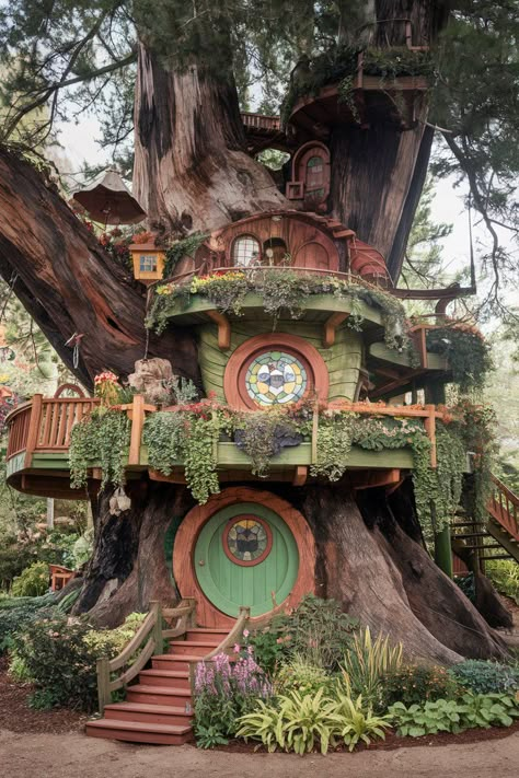 Check out this incredible treehouse masterpiece! Built into a massive tree, it features whimsical stained glass and lush plant decor. Isn’t it enchanting?  Share your thoughts below or tag a friend who would love this magical creation! 🏡✨ woodworking easy . #decor #home #tools #woodworkingcommunity #woodworkers #wooden #architecture #workshop Willow Tree House, Magical Forest House, Tropical Tree House, Forest Room Decor Diy, Aesthetic Tree House, Treehouse City, Tree House Aesthetic, Old Treehouse, Cute Treehouse