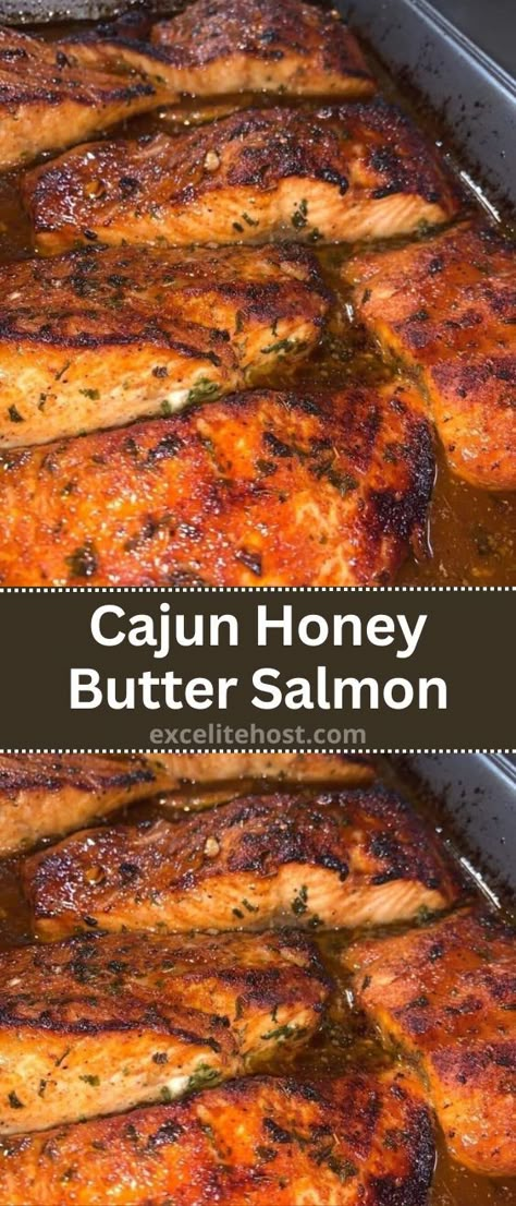 Cajun Honey Butter Salmon Cajun Honey Butter Salmon, Honey Butter Salmon, Cajun Salmon, Butter Salmon, Salmon Dishes, Salmon Recipe, Seafood Dinner, Honey Butter, Cajun Seasoning