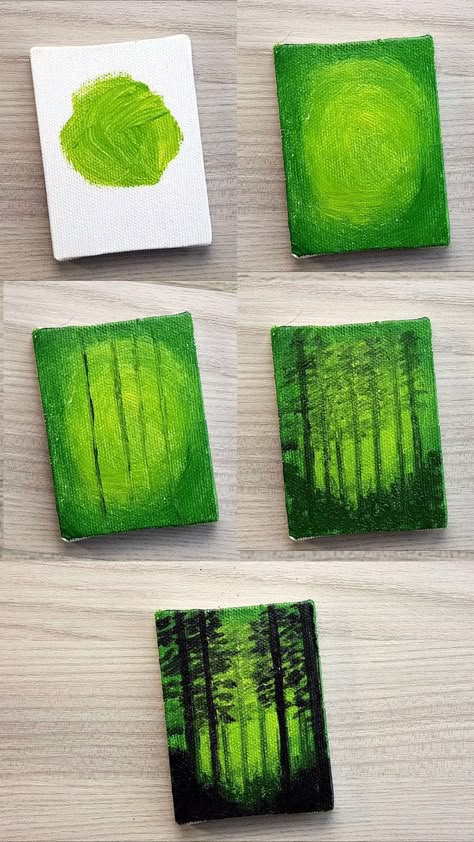 Green Themed Painting Ideas, Aesthetic Stuff To Draw Easy, Easy Painting Inspiration Simple, Painting Ideas On Canvas Landscapes Easy, Painting Ideas Silhouette, Painting Landscape Acrylic, Forest Landscape Drawing, Forest Painting Acrylic Easy, Small Painting Ideas Mini Canvas Easy