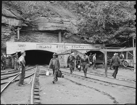 Changing shifts at the mine portal in the afternoon. Inland Steel Company, Wheelwright #1 & 2 Mines, Wheelwright, Floyd County, Kentucky. September 23, 1946. Appalachian History, Steel Company, Floyd County, Cats Paw, Western Prints, Photograph Art, Coal Miners, Railroad History, Cat Paw Print