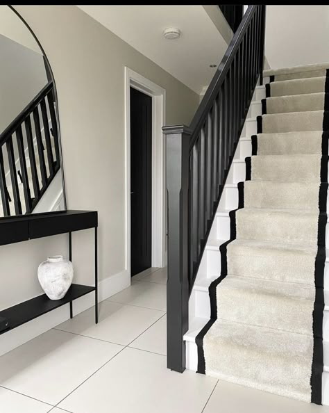 Upstairs Hallway Decorating, Entryway Storage Ideas, Stairs And Hallway Ideas, Hallway Decorating Ideas, Black Staircase, House Renovation Design, Stair Paneling, Entrance Hall Decor, Staircase Interior Design