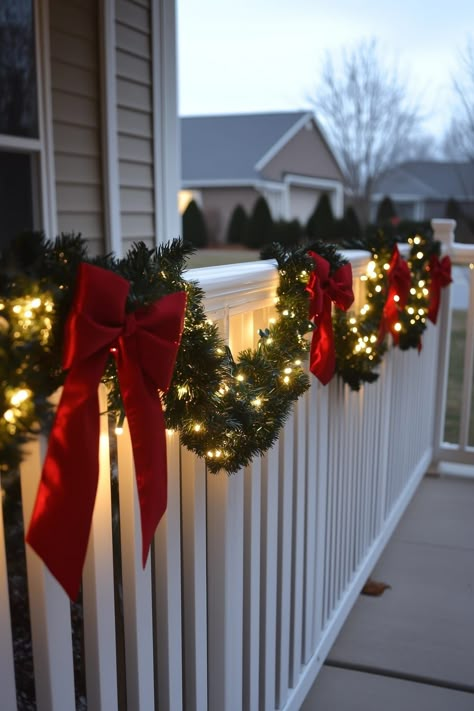 25 Stunning Farmhouse Christmas Porch Decor Ideas Christmas Front Porch Railing, Garland Front Porch Railing, Christmas Porch Light Decor, Porch Banister Christmas Decor, How To Put Christmas Lights On Porch Columns, Christmas Lights On Railing Outdoor, Porch Christmas Decorations Simple, Front Porch Balustrade, Outside Decor Christmas