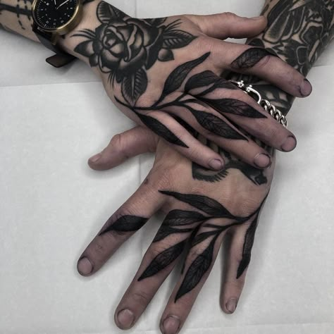 Raven Bicep Tattoo, Large Finger Tattoos, Leaves Hand Tattoo, Hand Tattoo Men, Hand Tattoo Cover Up, Gotik Tattoo, Traditional Hand Tattoo, Full Hand Tattoo, Hand And Finger Tattoos