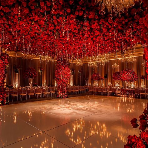 Royal Reception Decor, Rose Gold And Red Wedding Theme, Red Wedding Venue Decorations, Red Wedding Venue Ideas, Red Venue Wedding, Elegant Wedding Red Roses, All Red Wedding Reception, Red Theme Wedding Reception, Red Velvet Wedding Decor