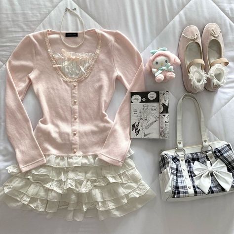 Pastel And White Outfits, Cute Pink Fits, Girly Soft Aesthetic, Fit Ideas Aesthetic, Cardigan And Skirt Outfit, Cute Pink Clothes, Y2k Pink Outfit, Pink Aesthetic Makeup, Miffy Aesthetic