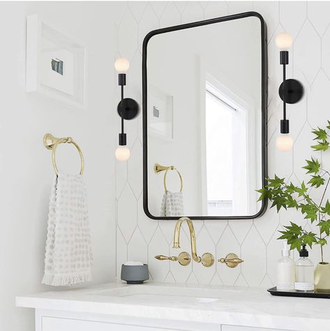 Check out these modern matte black 2 light wall mount sconce. Chrome and gold options! Black Bathroom Light Fixtures, Bathroom Lights Over Mirror, Black Bathroom Light, Living Room Vanity, Porch Light Fixtures, Black Vanity Bathroom, Matte Black Bathroom, Farmhouse Bathroom Vanity, Industrial Wall Lamp