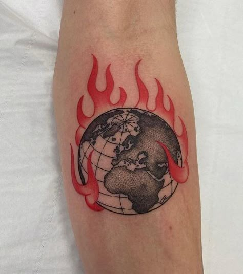 *** camera on fire *** Burning Earth Tattoo, Earth On Fire Tattoo, Man On Fire Tattoo, Climate Tattoo, Flame Chest Tattoo, Brain On Fire Tattoo, Fire Tatoos Ideas, End Of The World Tattoo, World On Fire Tattoo