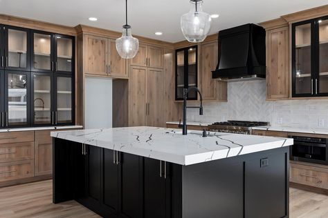 Custom Kitchen Cabinets Near Me | Black Pine Cabinets Black And Wood Kitchen Island, Black Island Wood Cabinets, Black Countertops Wood Cabinets, Investing Property, Kitchen Deisgn, Black Shaker Cabinets, White Oak Kitchen Cabinets, Split Level Kitchen Remodel, Cabin Build